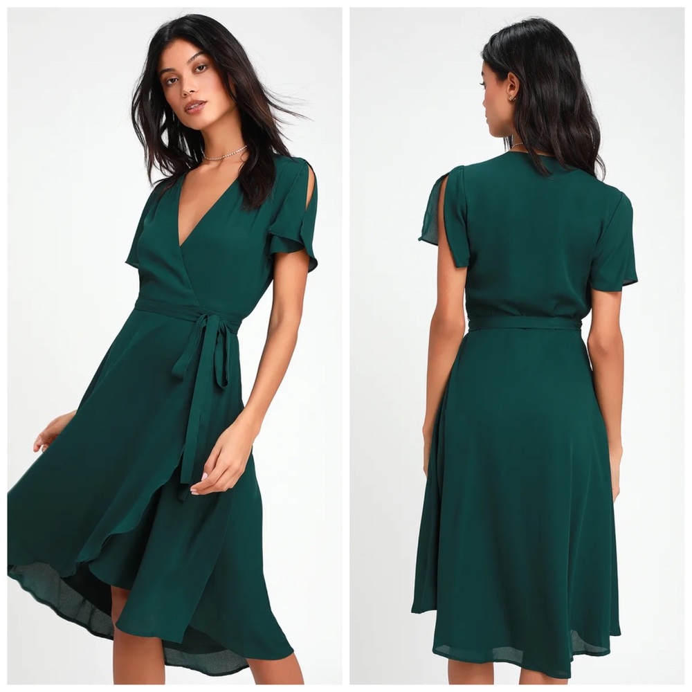 Lulus Rise to the Occasion Emerald Green Midi Wrap Dress
